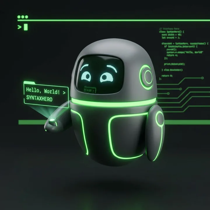 Mascota robot de SyntaxHero saludando con un Hello World